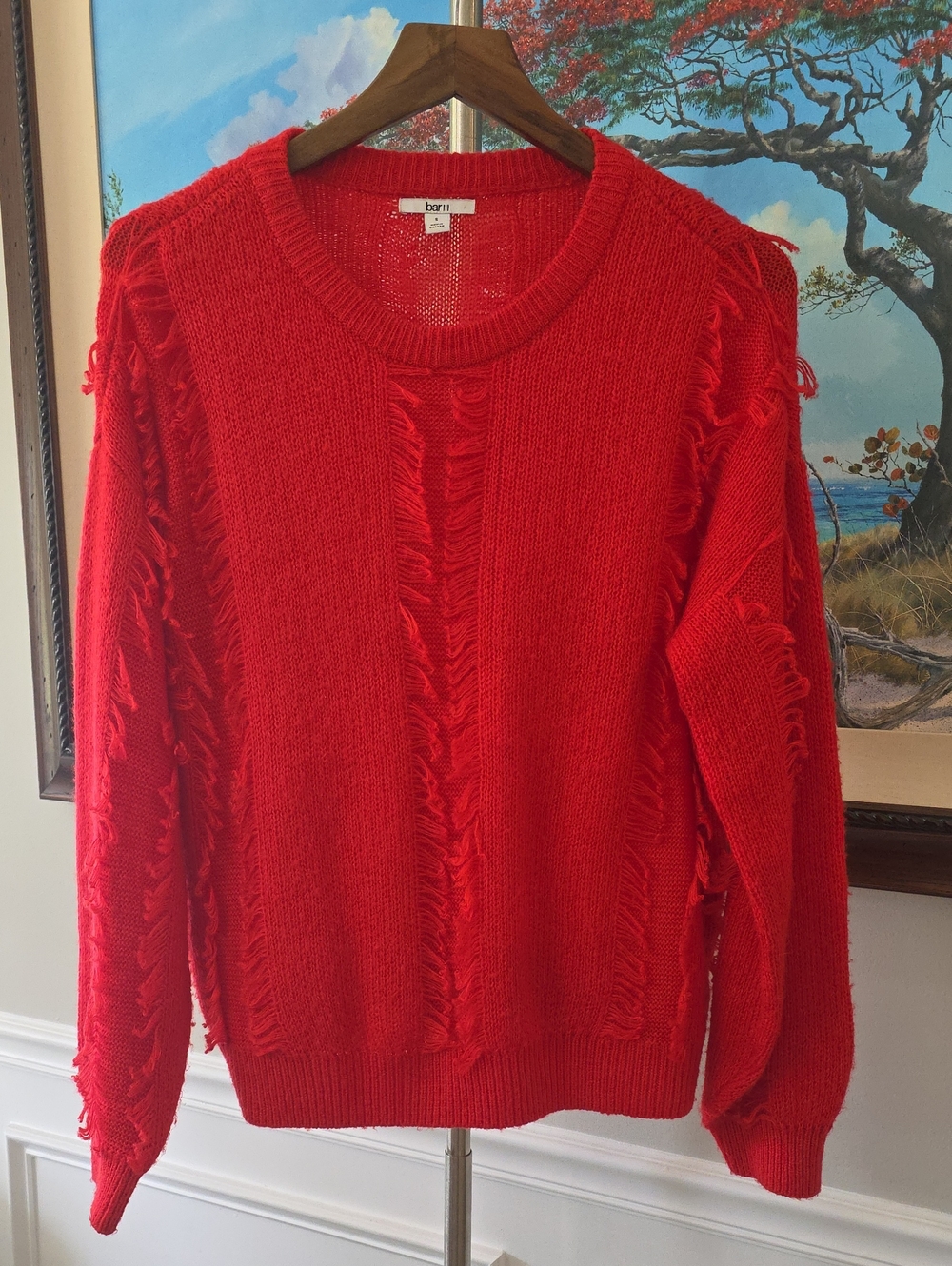 Bar III Red Fringe-Trim Crewneck Sweater